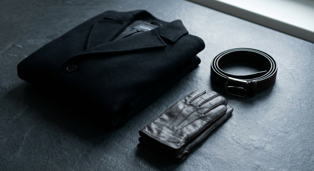 A minimal editorial flat lay of dark luxury autumn fashion essentials — a cashmere coat, leather gloves, and a sleek belt arranged on a charcoal stone surface in soft natural light.