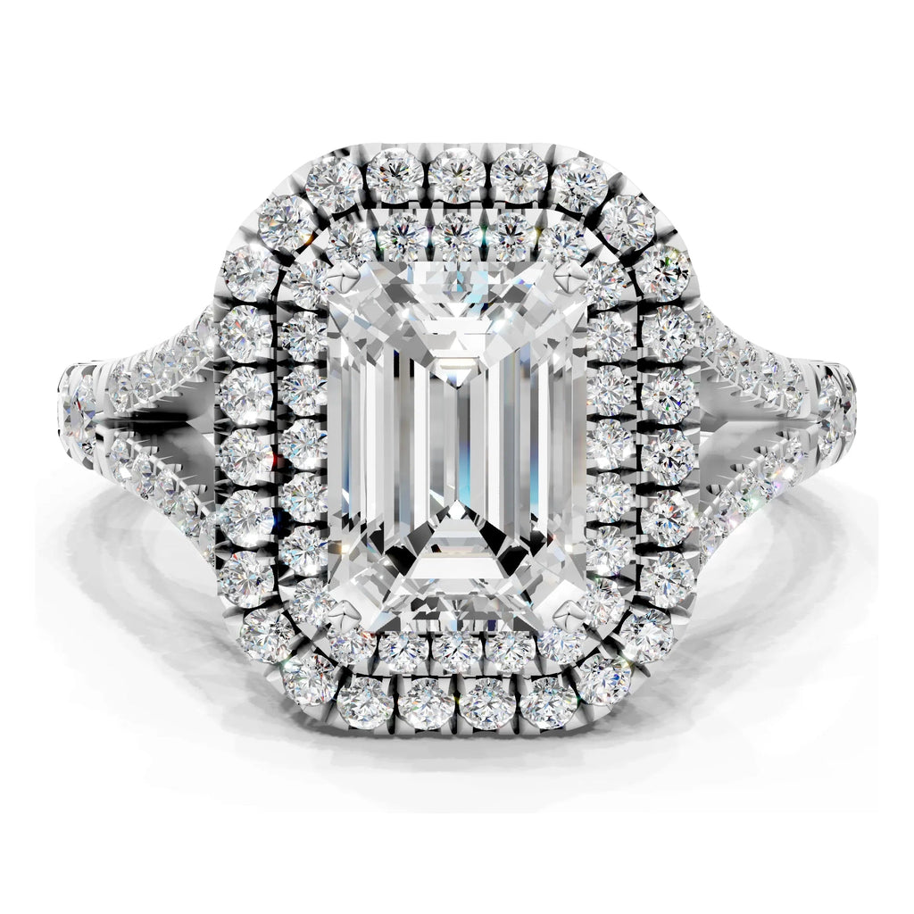 Certified 4.50 CTW Emerald Cut Moissanite Double Halo Split Shank Engagement Ring 14K Over .925