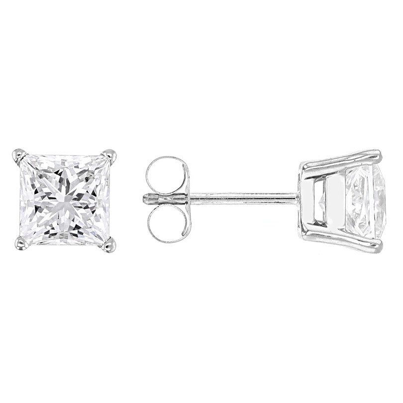 AGI Certified 2.00 CTW Princess Cut Lab Diamond Stud Earrings in 14K Gold Over Sterling Silver