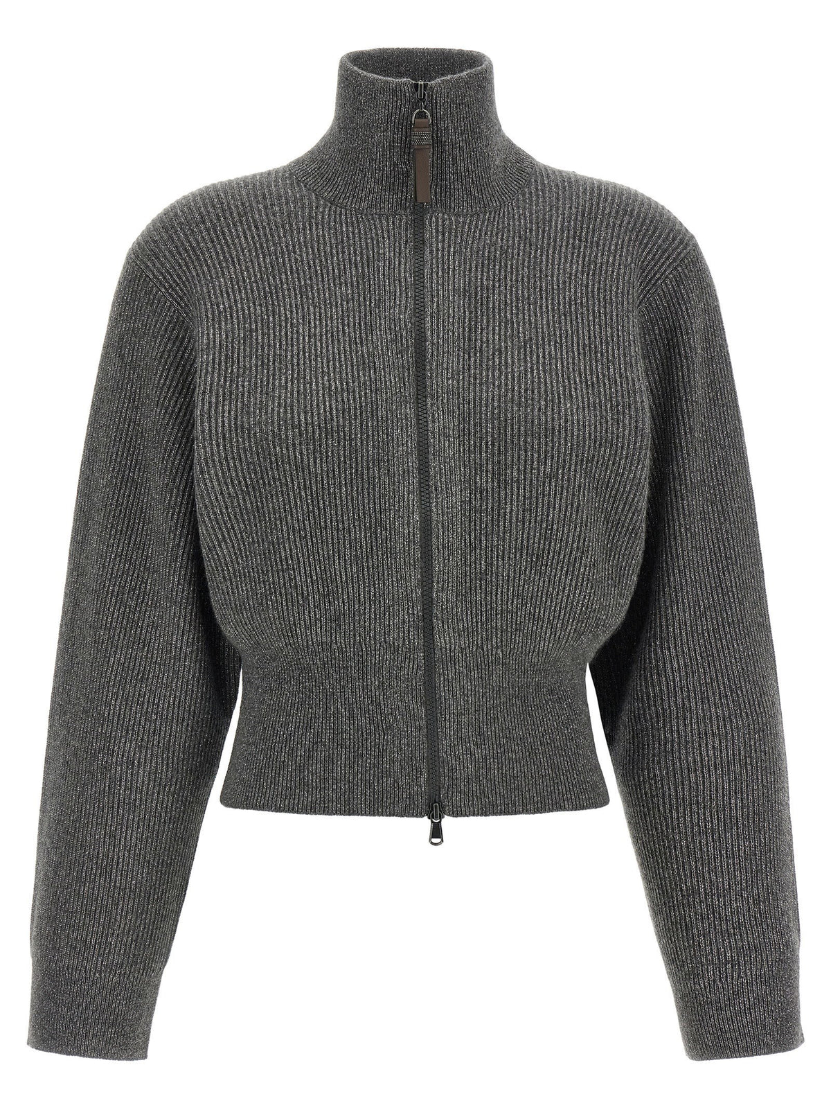 Brunello Cucinelli Ribbed Cardigan With Leather Detail