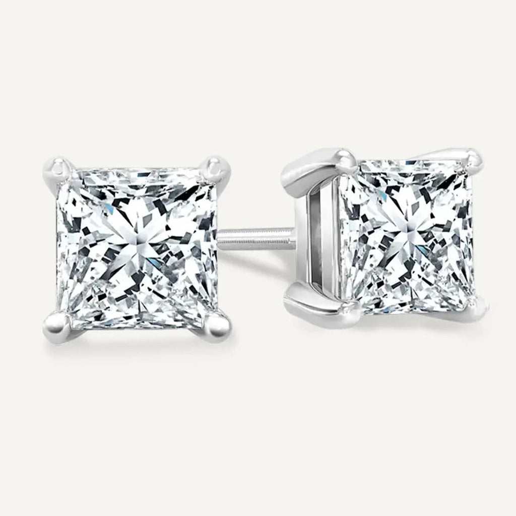 AGI Certified 2.00 CTW Princess Cut Lab Diamond Stud Earrings in 14K Gold Over Sterling Silver