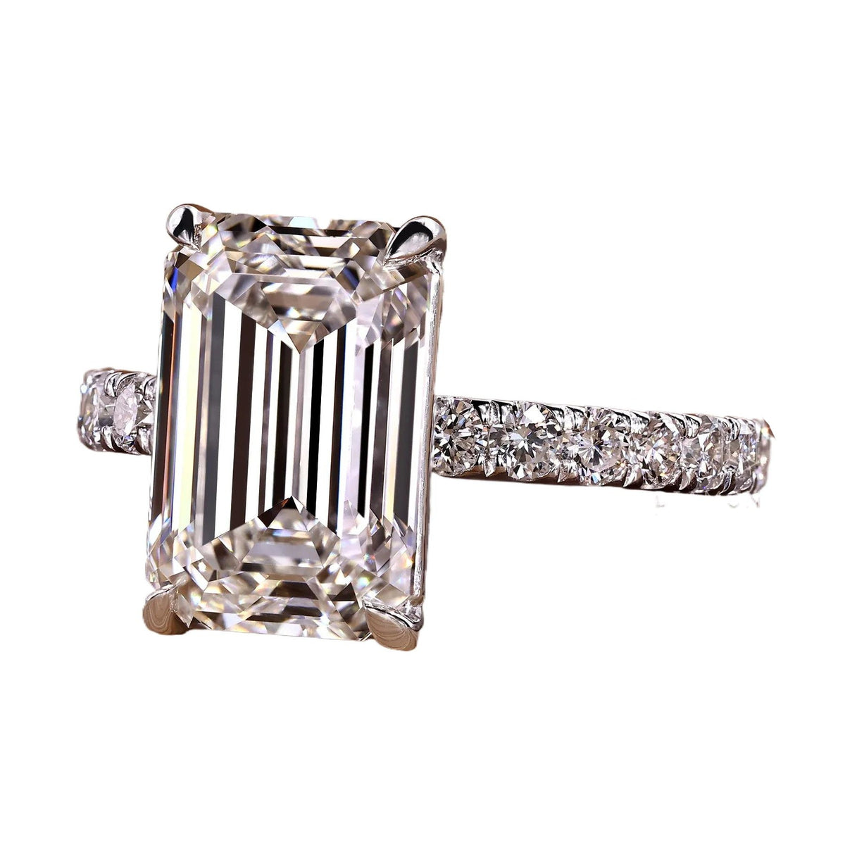 AGI Certified 7.35 CTW Emerald Cut Lab Grown Diamond Pave Engagement Ring in 14K White Gold