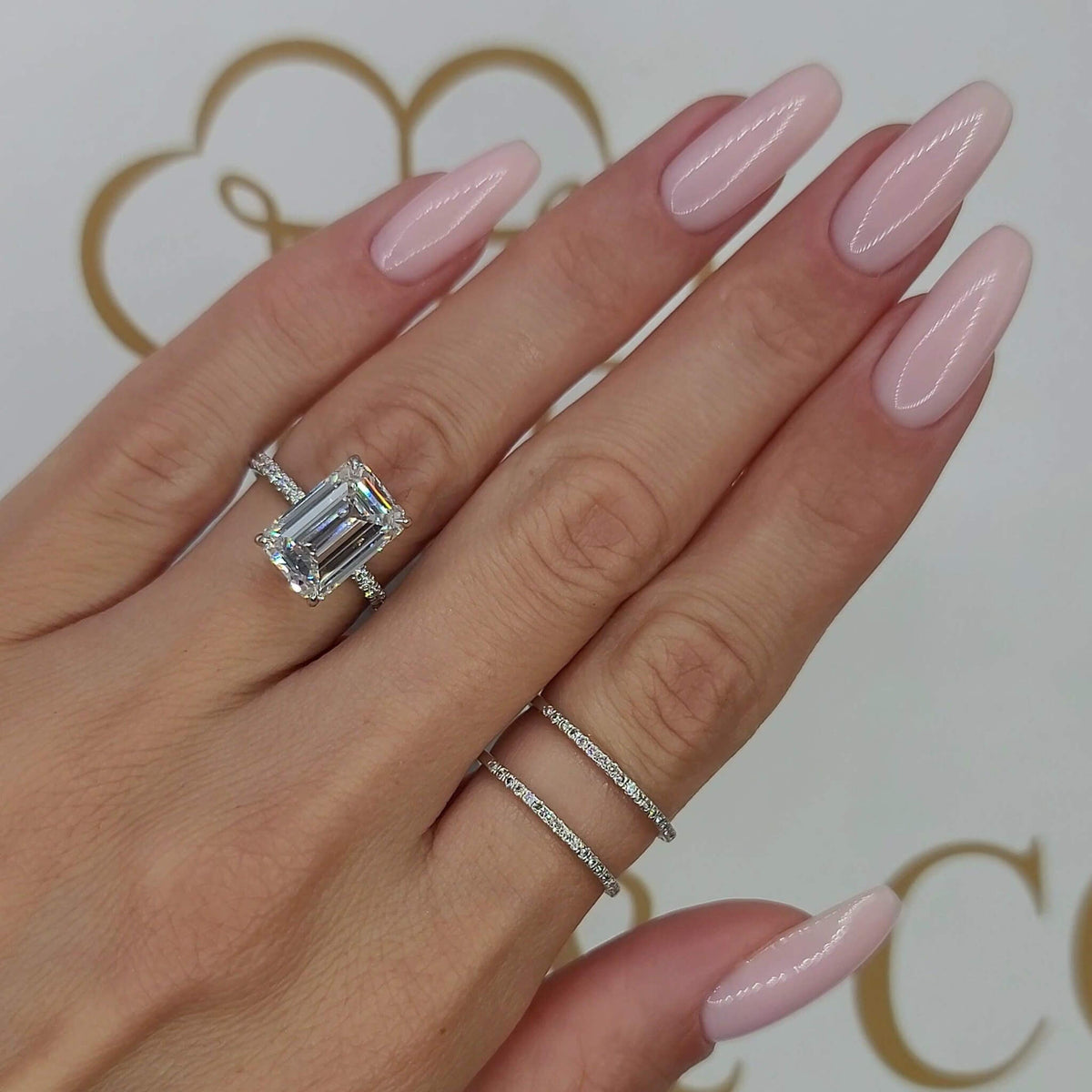 AGI Certified 7.35 CTW Emerald Cut Lab Grown Diamond Pave Engagement Ring in 14K White Gold